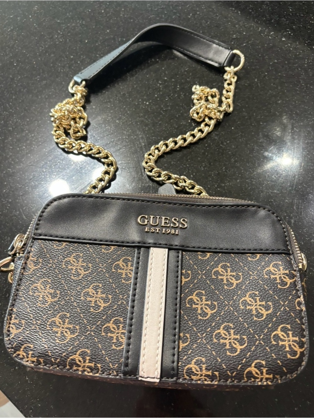 GUESS Black and Brown Logo Crossbody with Gold Chain and Cream Stripe